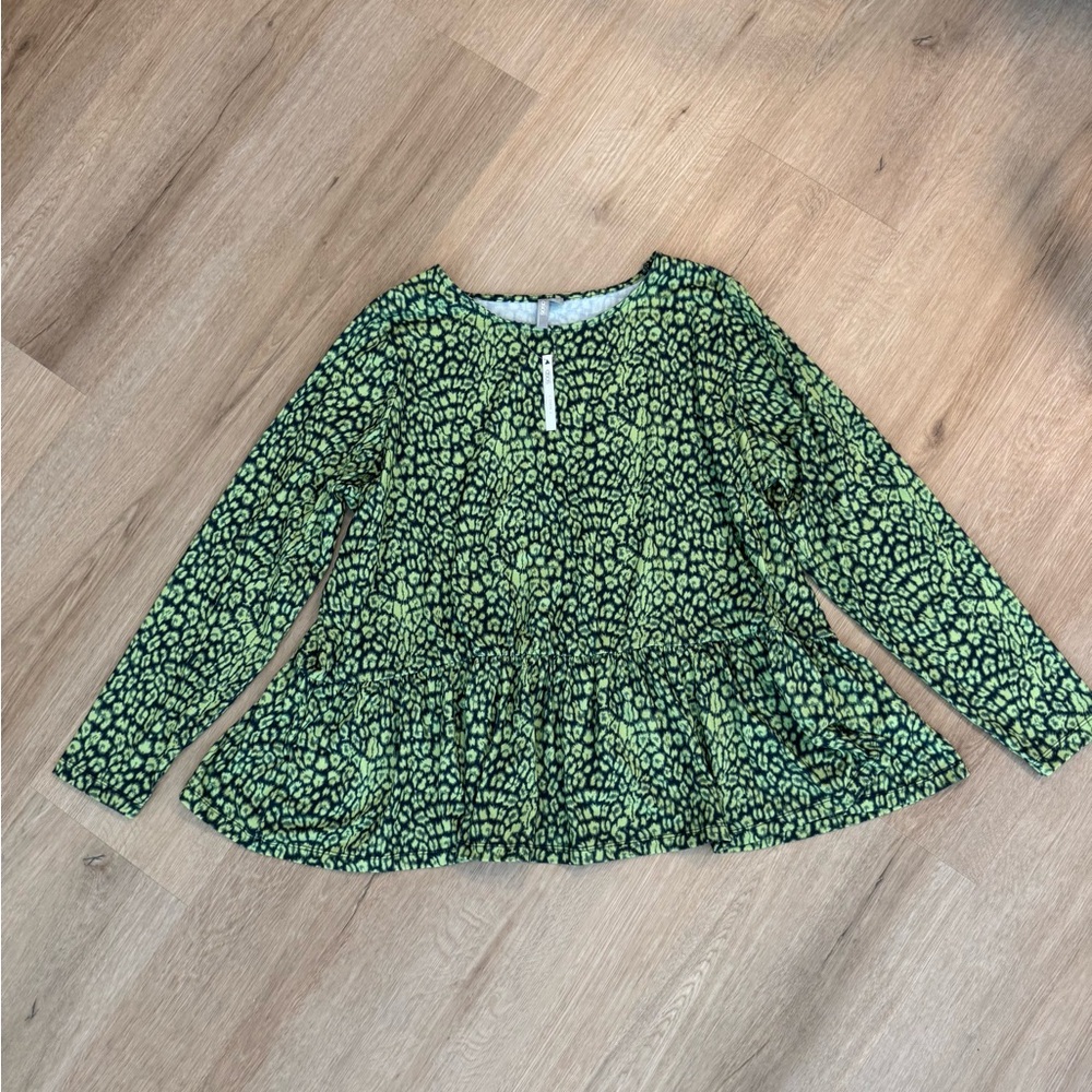 ASOS Top Women Green/Navy Stretch Knit Round Neck Long Sleeve Ruffle Hem Boho